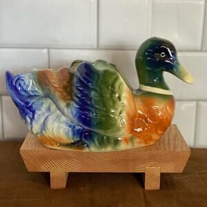Vintage Royal Copley Duck Realistic Blue Brown Planter